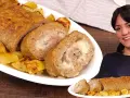 Un delizioso polpettone al forno ripieno di formaggio filante, servito con patate arrosto croccanti.