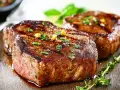 Due succulenti filetto di manzo grigliati, guarniti con erbe aromatiche e grani di pepe, su un tagliere di legno.