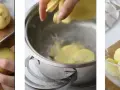 Tagliando patate per lessarle, poi in pentola e infine pronte in una ciotola.