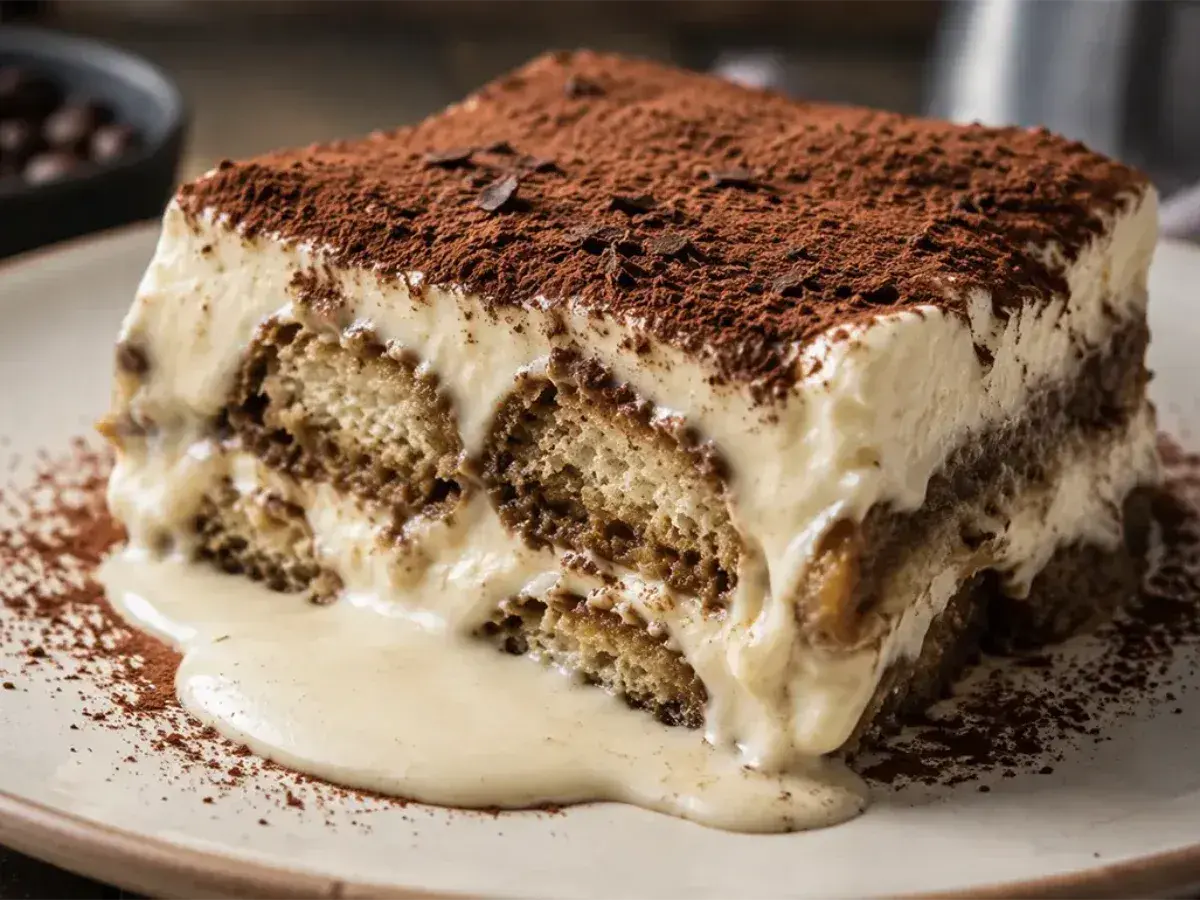 Una fetta di tiramisù, con strati di savoiardi inzuppati e crema, spolverata di cacao. La ricetta perfetta per un dolce goloso.