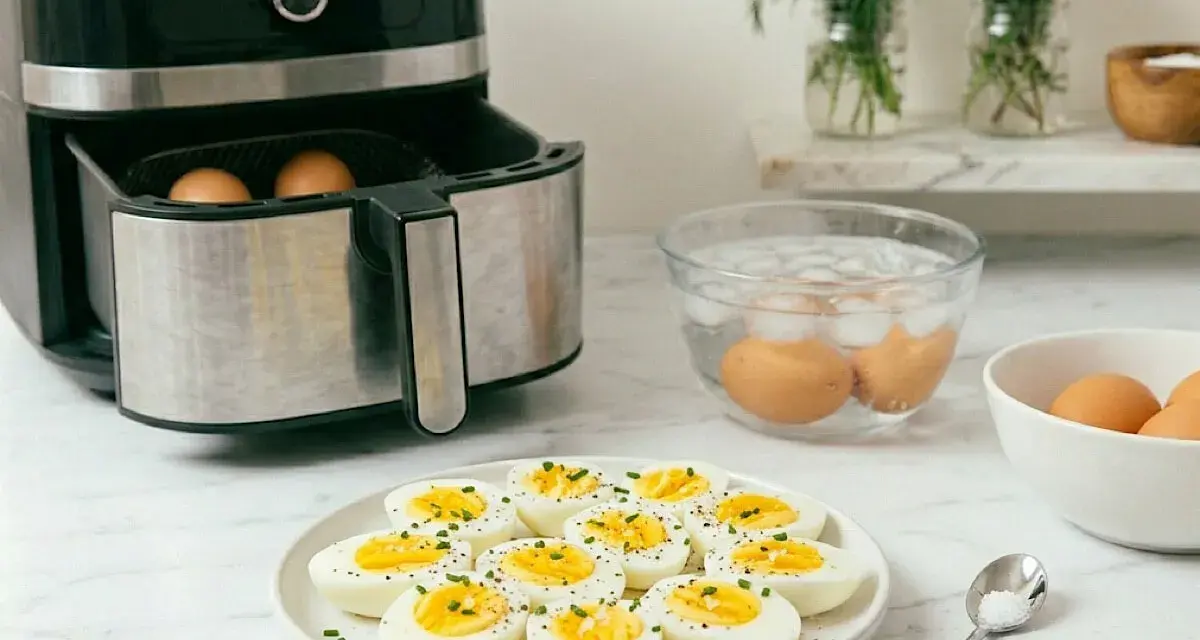 Uova sode in friggitrice ad aria pronte per essere gustate. Alcune ancora nella friggitrice, altre in acqua ghiacciata, e un piatto pieno di uova sode tagliate a metà, condite con erba cipollina e pepe.