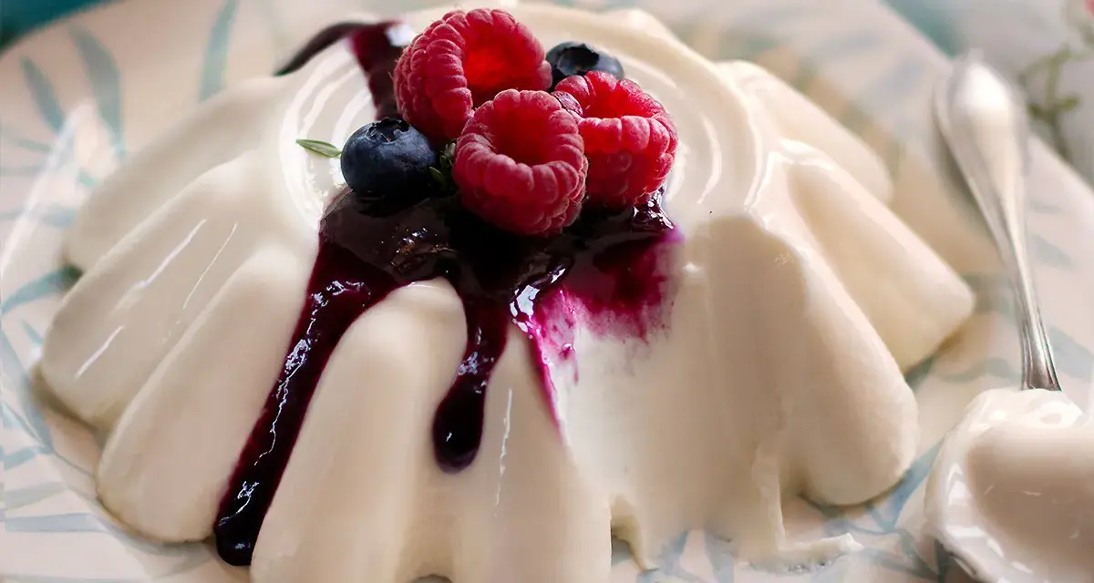 Deliziosa panna cotta con frutti di bosco e salsa ai mirtilli, servita su un piatto decorato.