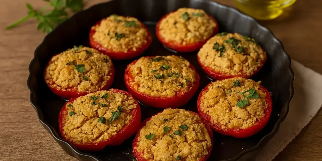 Pomodori al forno alla pugliese, ripieni di pangrattato dorato e profumati, pronti per essere gustati.