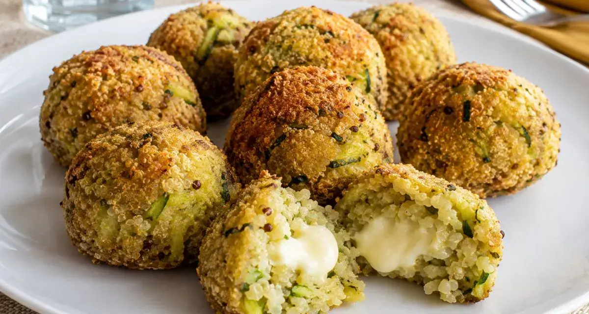 Polpette di zucchine dorate e croccanti, una ripiena di formaggio filante.