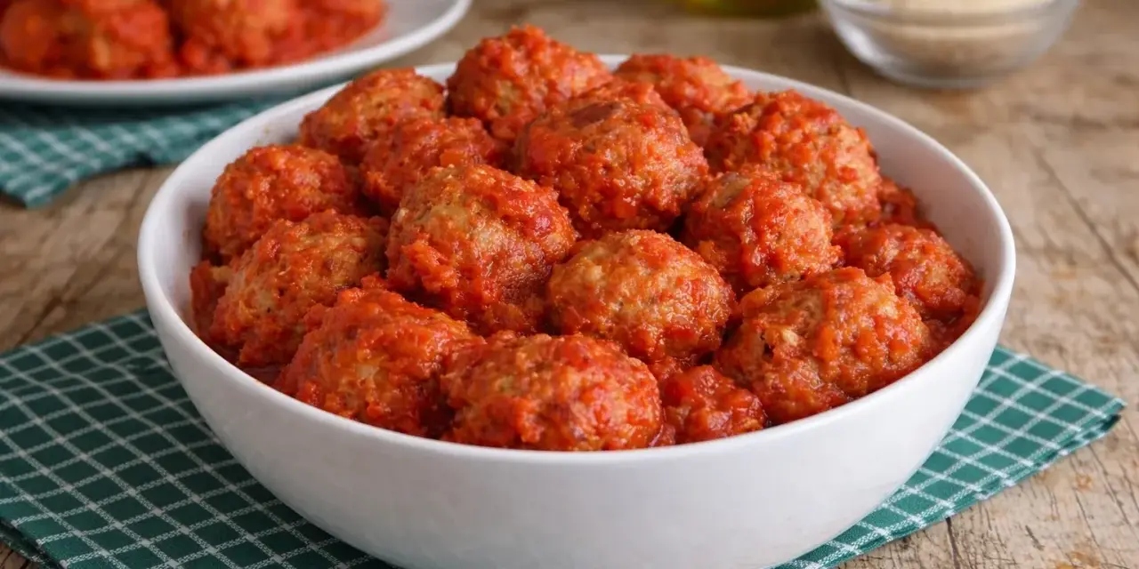 Un primo piatto invitante: polpette di pane al sugo, morbide e saporite, servite in una ciotola bianca su un tovagliolo a quadretti verdi.