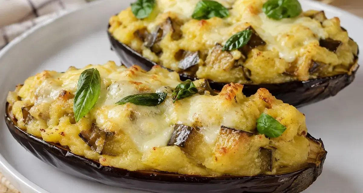 Melanzane a barchetta ripiene di un gustoso impasto e formaggio filante, guarnite con foglie di basilico fresco.