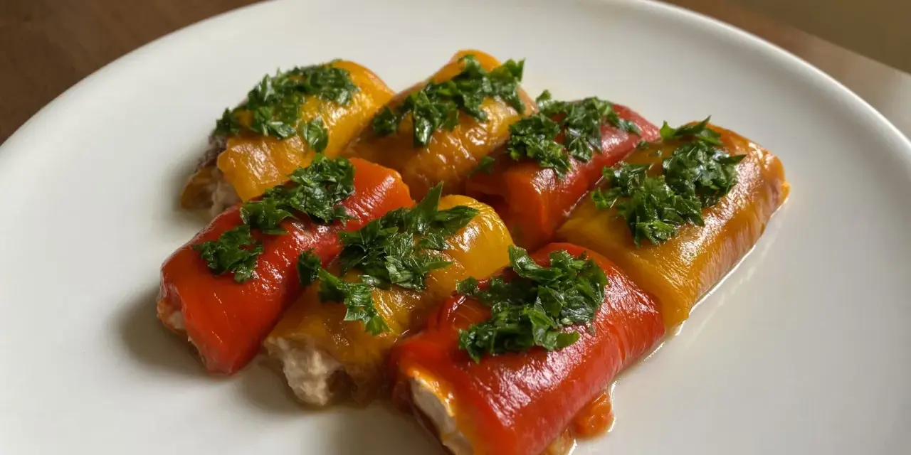 Involtini di peperoni alla siciliana, ripieni e guarniti con prezzemolo fresco, su un piatto bianco.