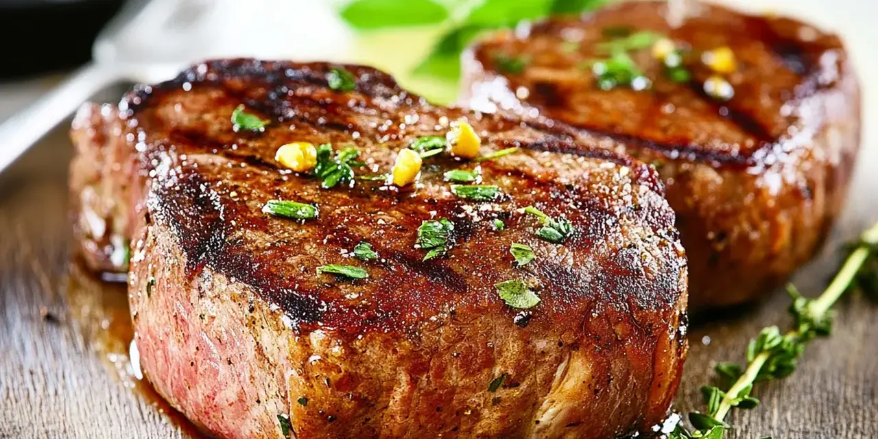 Due succulenti filetto di manzo grigliati, guarniti con erbe aromatiche e grani di pepe, su un tagliere di legno.