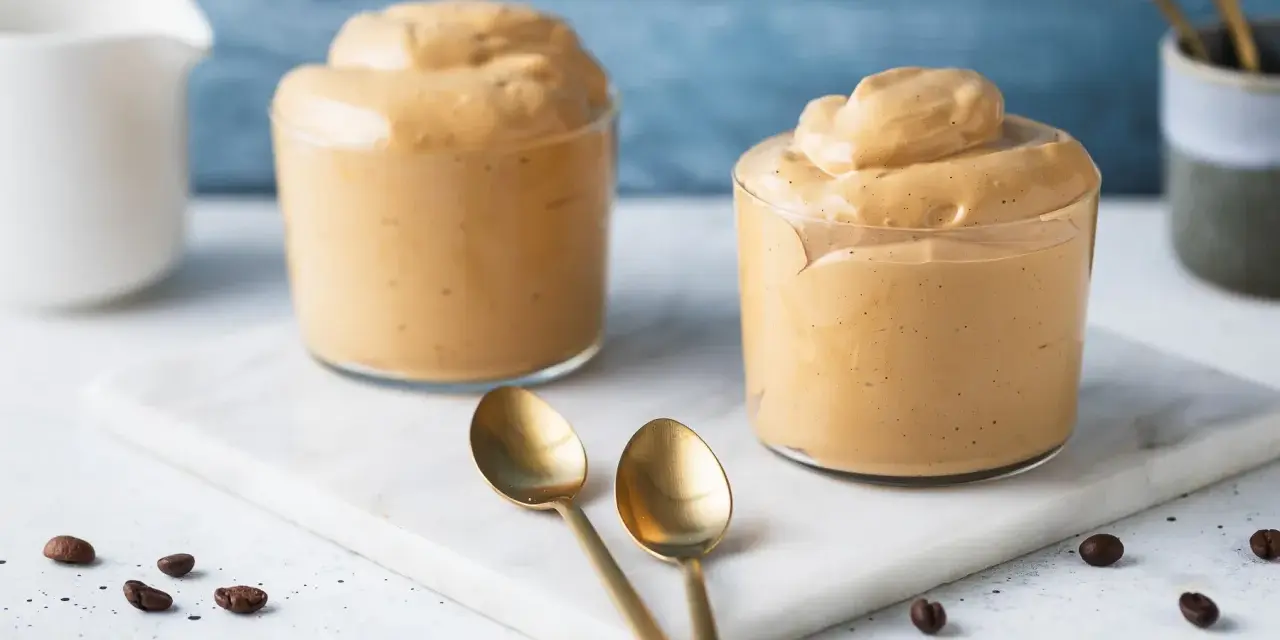 Due bicchieri di cremosa schiuma di caffè, perfetti per una ricetta crema di caffè senza panna. Due cucchiaini dorati e chicchi di caffè completano la scena.