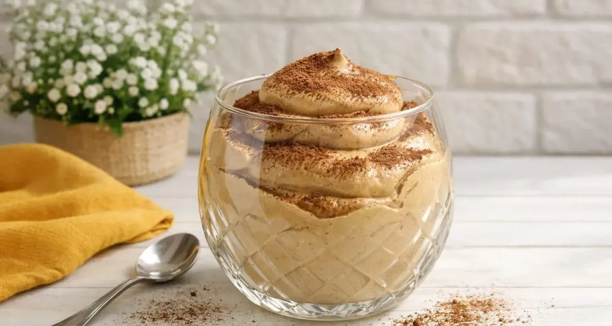Delizioso spumone al caffè in una coppa di vetro, spolverato con cacao. Accanto, un cucchiaino e un tovagliolo giallo.