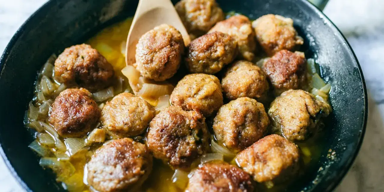 Polpette in bianco dorate e succulente, cotte in padella con cipolle dolci e un sughetto invitante. Un classico confortante.