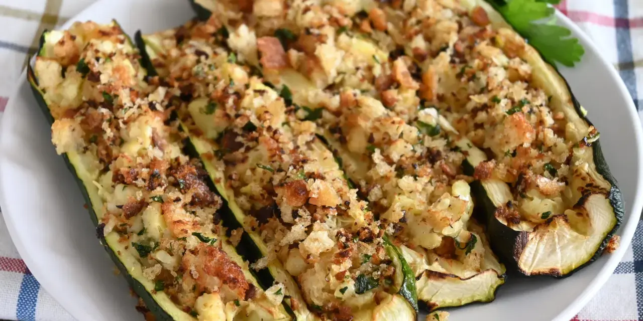 Zucchine ripiene al forno, dorate e croccanti, con un ripieno saporito e erbe aromatiche. Un piatto invitante e gustoso.