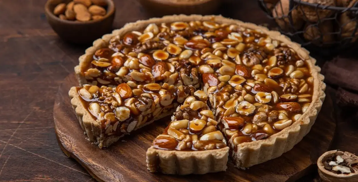 Torta croccante con un ripieno abbondante di nocciole e mandorle caramellate. Un vero piacere per gli amanti dei dolci con nocciole.