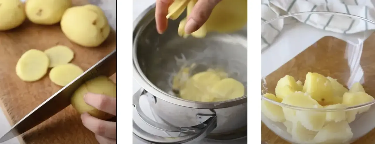 Tagliando patate per lessarle, poi in pentola e infine pronte in una ciotola.
