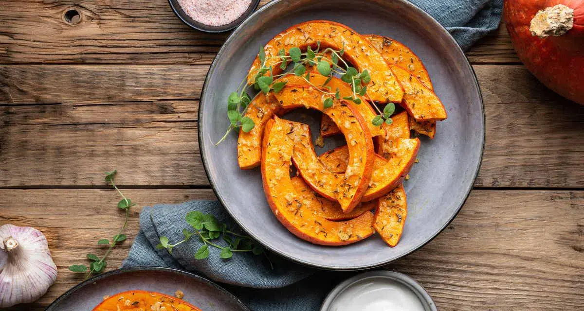 Fette di zucca in agrodolce in padella, condite con erbe aromatiche e servite su un piatto grigio, con contorno di aglio e sale rosa.