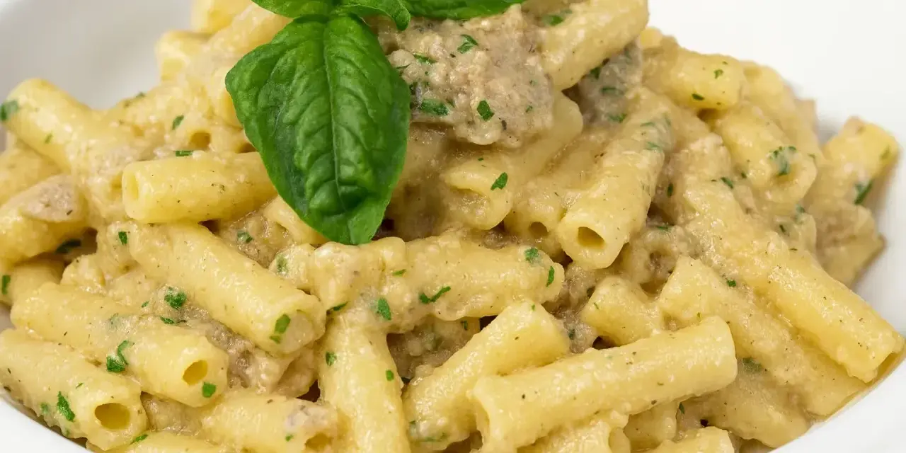 Un piatto invitante di pasta con melanzane in bianco cremosa, guarnito con basilico fresco.