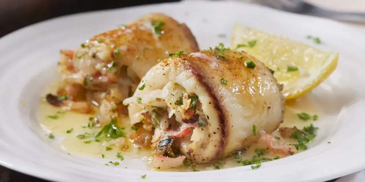 Deliziosi involtini di pesce spada ripieni, serviti su un piatto bianco con spicchio di limone e prezzemolo tritato.