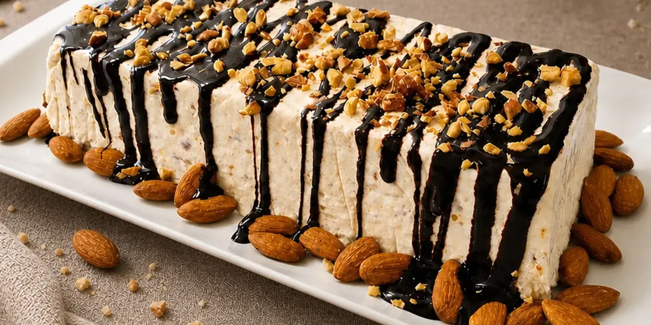 Delizioso parfait di mandorle, ricoperto di cioccolato fuso e granella croccante. Mandorle intere decorano il piatto.