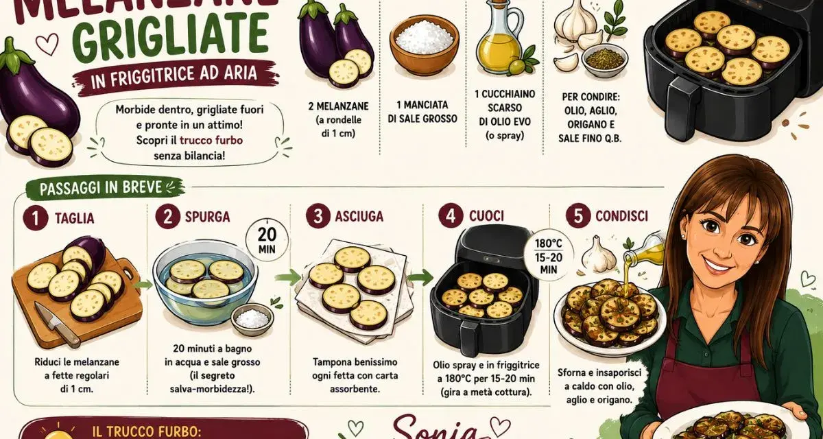 Melanzane grigliate perfette in friggitrice ad aria: morbide e saporite grazie al trucco del bagno in acqua e sale.