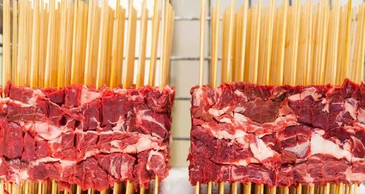 Due blocchi di carne cruda, pronti per essere trasformati in deliziosi arrosticini al forno.