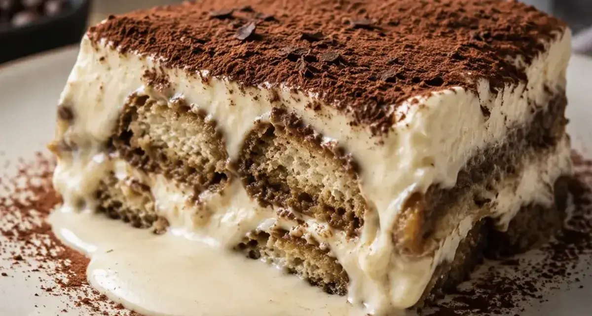 Una fetta di tiramisù, con strati di savoiardi inzuppati e crema, spolverata di cacao. La ricetta perfetta per un dolce goloso.