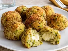 Polpette di zucchine dorate e croccanti, una ripiena di formaggio filante.