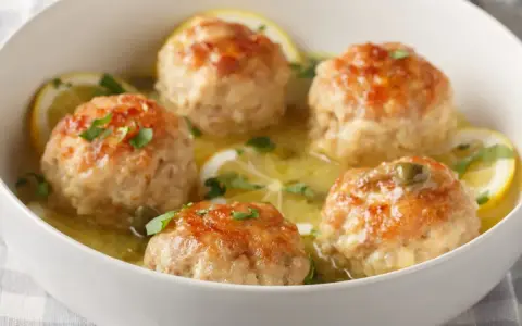 Polpette al limone dorate e succulente, servite in una ciotola bianca con fette di limone e prezzemolo tritato.