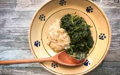 Piatto tradizionale con fave e cicoria, un classico della cucina povera. La cicoria verde brillante contrasta con la purea chiara di fave.