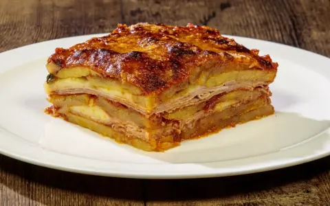 Una fetta di parmigiana di patate, stratificata con formaggio e salumi, servita su un piatto bianco.