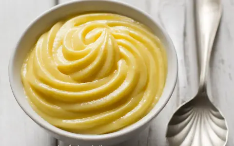 Una ciotola di soffice crema pasticcera, pronta per essere gustata. Accanto, un cucchiaio d'argento.