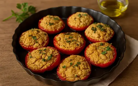 Pomodori al forno alla pugliese, ripieni di pangrattato dorato e profumati, pronti per essere gustati.