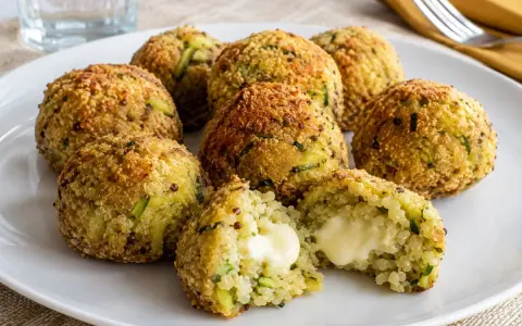 Polpette di zucchine dorate e croccanti, una ripiena di formaggio filante.