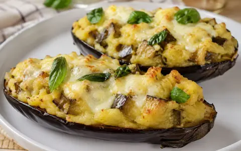 Melanzane a barchetta ripiene di un gustoso impasto e formaggio filante, guarnite con foglie di basilico fresco.