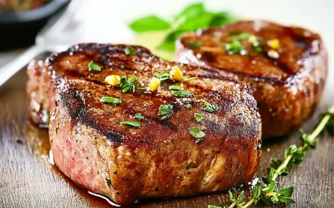 Due succulenti filetto di manzo grigliati, guarniti con erbe aromatiche e grani di pepe, su un tagliere di legno.