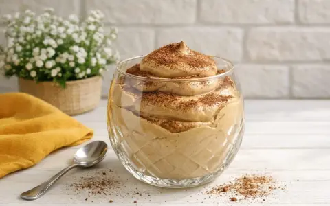 Delizioso spumone al caffè in una coppa di vetro, spolverato con cacao. Accanto, un cucchiaino e un tovagliolo giallo.