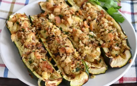 Zucchine ripiene al forno, dorate e croccanti, con un ripieno saporito e erbe aromatiche. Un piatto invitante e gustoso.
