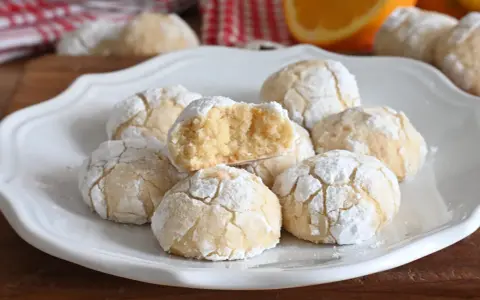 Biscotti alla ricotta soffici e profumati, cosparsi di zucchero a velo, con una fetta d'arancia sullo sfondo.