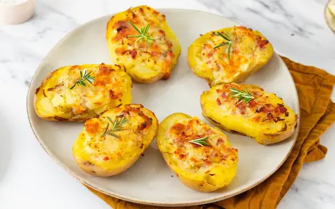 Patate ripiene al forno, dorate e gratinate, guarnite con rosmarino fresco. Un piatto invitante e saporito.