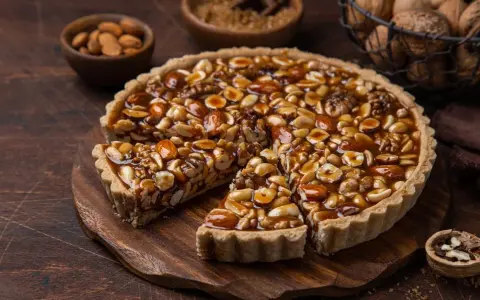 Torta croccante con un ripieno abbondante di nocciole e mandorle caramellate. Un vero piacere per gli amanti dei dolci con nocciole.