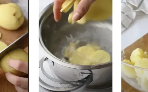Tagliando patate per lessarle, poi in pentola e infine pronte in una ciotola.