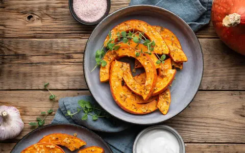 Fette di zucca in agrodolce in padella, condite con erbe aromatiche e servite su un piatto grigio, con contorno di aglio e sale rosa.