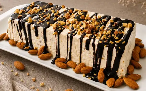 Delizioso parfait di mandorle, ricoperto di cioccolato fuso e granella croccante. Mandorle intere decorano il piatto.