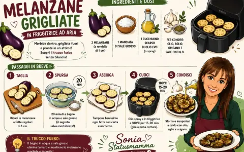 Melanzane grigliate perfette in friggitrice ad aria: morbide e saporite grazie al trucco del bagno in acqua e sale.