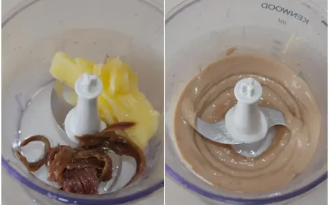 Preparazione per pasta burro e alici: burro e acciughe nel mixer, poi la crema ottenuta.
