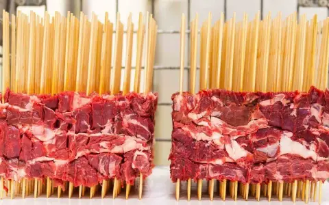 Due blocchi di carne cruda, pronti per essere trasformati in deliziosi arrosticini al forno.