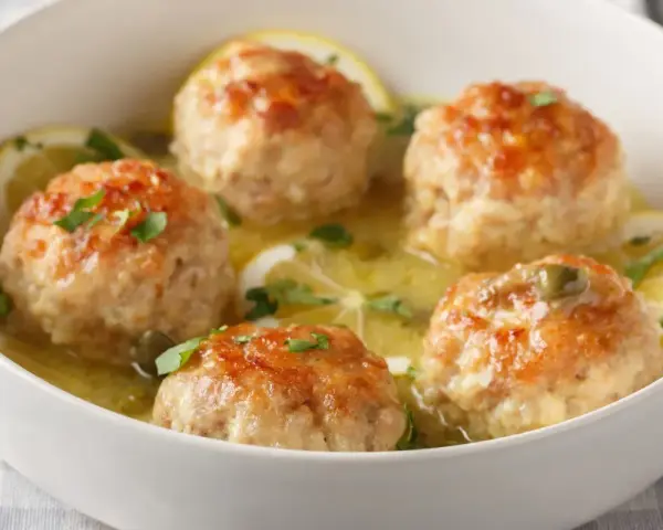 Polpette al limone dorate e succulente, servite in una ciotola bianca con fette di limone e prezzemolo tritato.