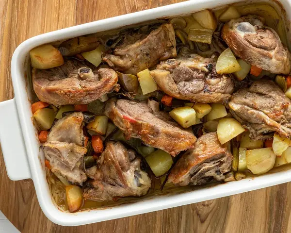 Pezzi succulenti di capretto al forno alla siciliana con patate e carote in una teglia bianca.