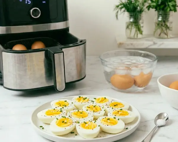 Uova sode in friggitrice ad aria pronte per essere gustate. Alcune ancora nella friggitrice, altre in acqua ghiacciata, e un piatto pieno di uova sode tagliate a metà, condite con erba cipollina e pepe.
