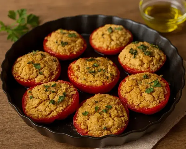 Pomodori al forno alla pugliese, ripieni di pangrattato dorato e profumati, pronti per essere gustati.