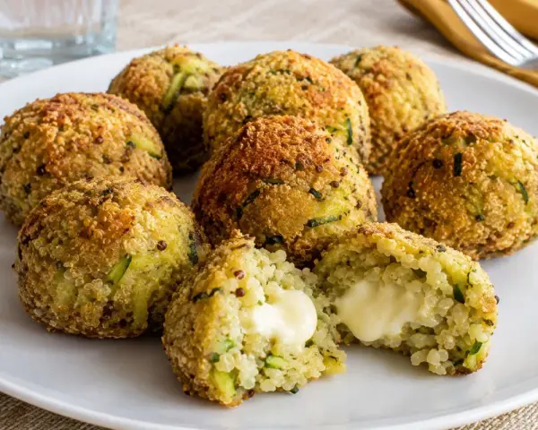 Polpette di zucchine dorate e croccanti, una ripiena di formaggio filante.